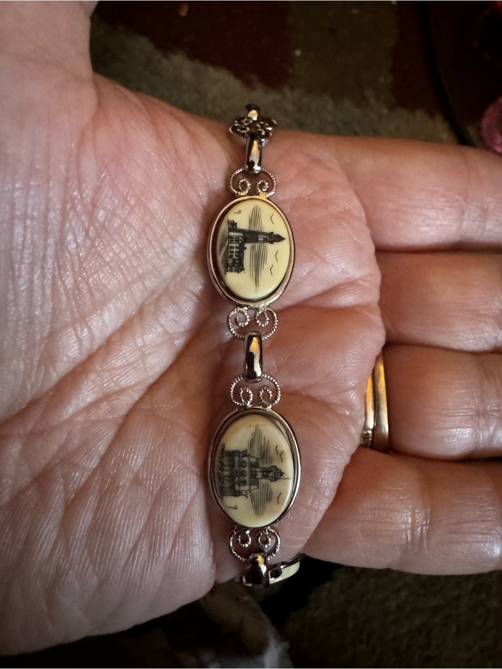 Vintage Scrimshaw Silver Link Bracelet with Cream Lighthouse Cameo Panels